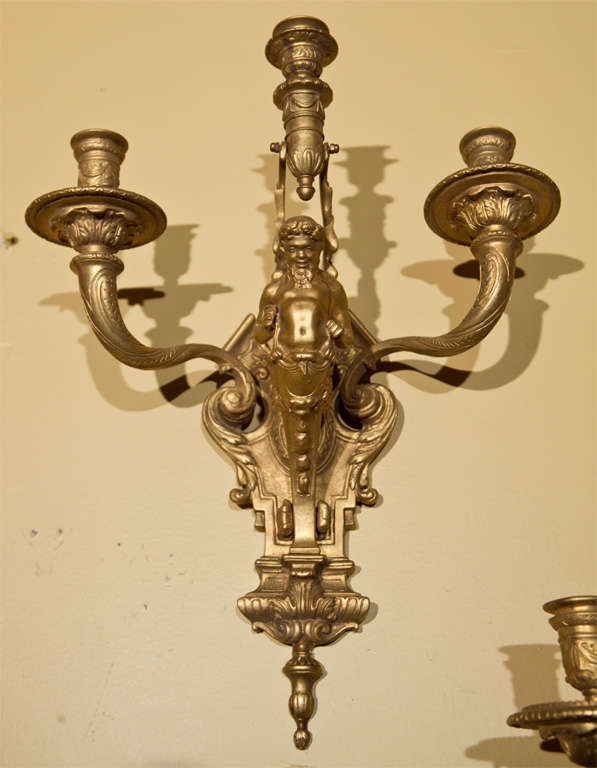 Pair of Gilt-Metal Three-Arm Wall Sconces In Good Condition In Stamford, CT