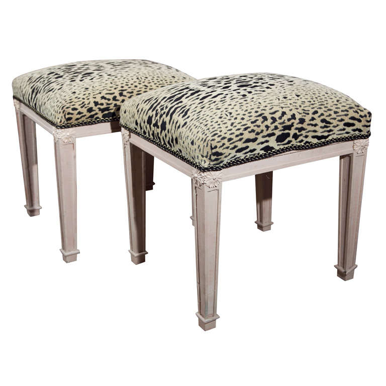 Pair Swedish Style Foot Stools White Paint Decorated With Animal Print