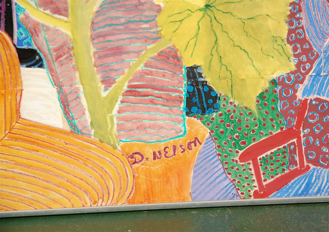 This painting is so alive--from a distance I thought it was a Hockney. The colors are more vibrant in person than this photo shows. Diana Nelson created this on different pieces of paper then joined them together under the plexi, so you can see the