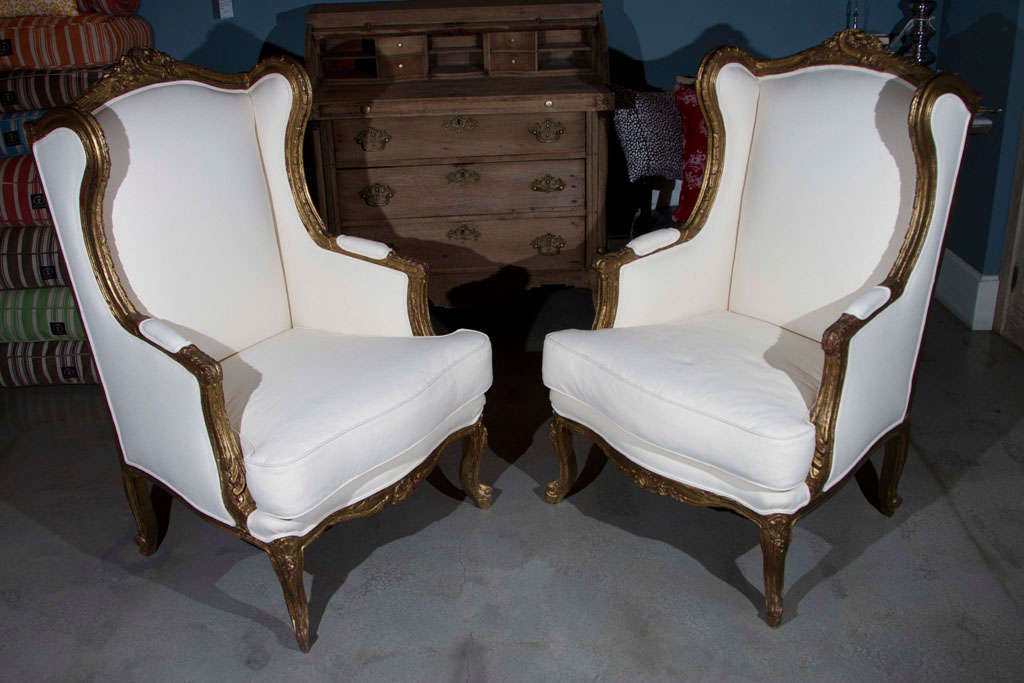 1920’s Carved Wood with Gold Finish Chair from Egypt- All New Cushions and Upholstery. Price is per chair.