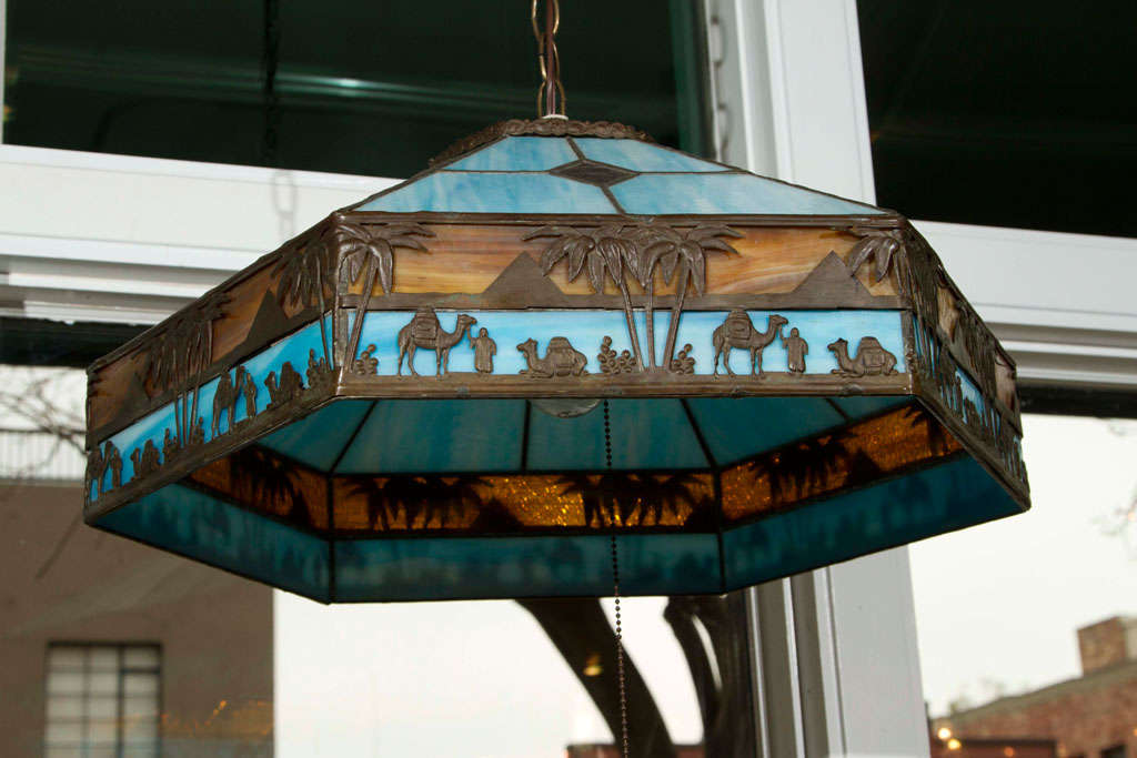 Stained Glass and Brass Hanging Light with Egyptian Theme - Newly Wired