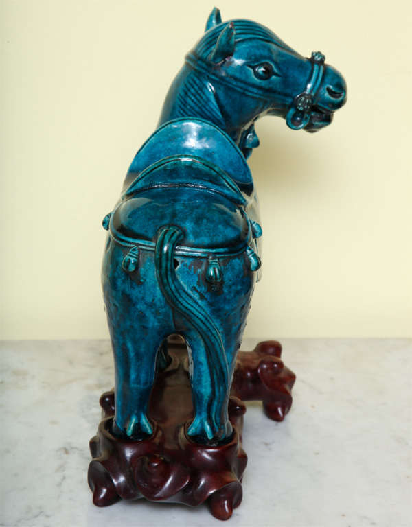 Chinese Turqoise Glazed Porcelain Horse on Custom Stand, circa 1900 In Excellent Condition For Sale In New York, NY