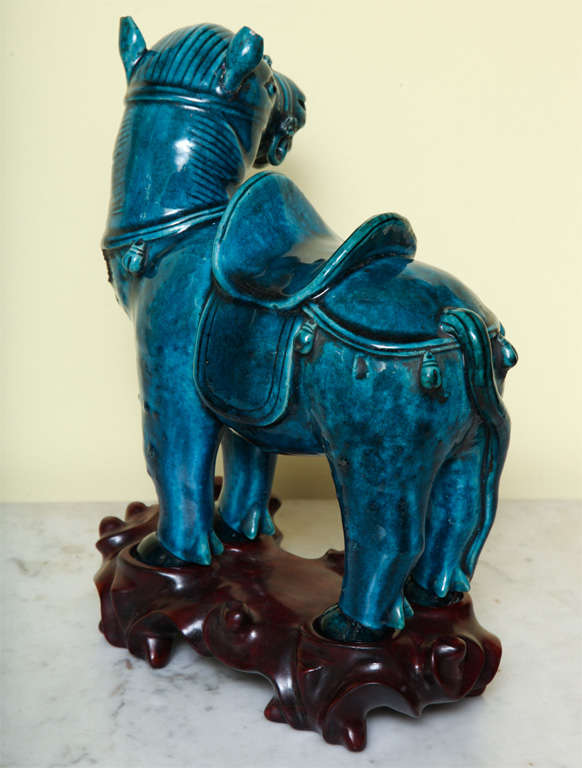 Early 20th Century Chinese Turqoise Glazed Porcelain Horse on Custom Stand, circa 1900 For Sale