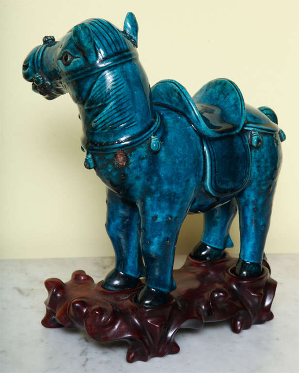 Chinese Turqoise Glazed Porcelain Horse on Custom Stand, circa 1900 For Sale 1