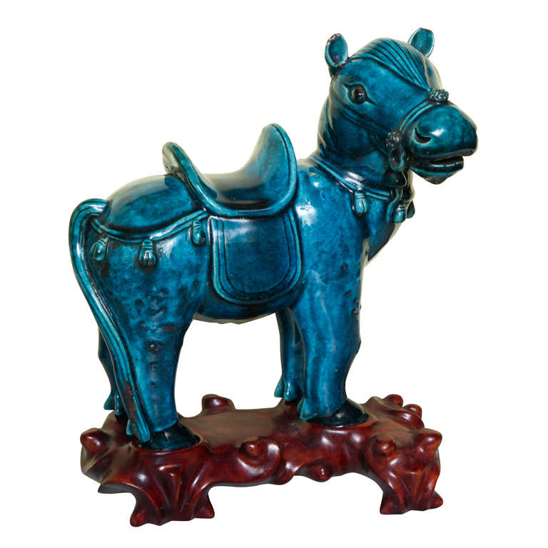 Chinese Turqoise Glazed Porcelain Horse on Custom Stand, circa 1900 For Sale