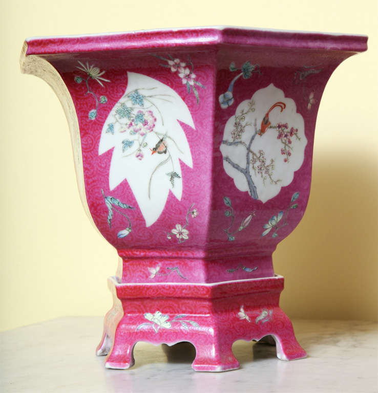 Chinese Pair Of Peony Pink Porcelain Jardinieres On Stands 19th Century