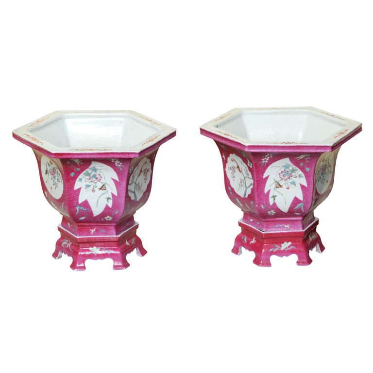 Pair Of Peony Pink Porcelain Jardinieres On Stands 19th Century