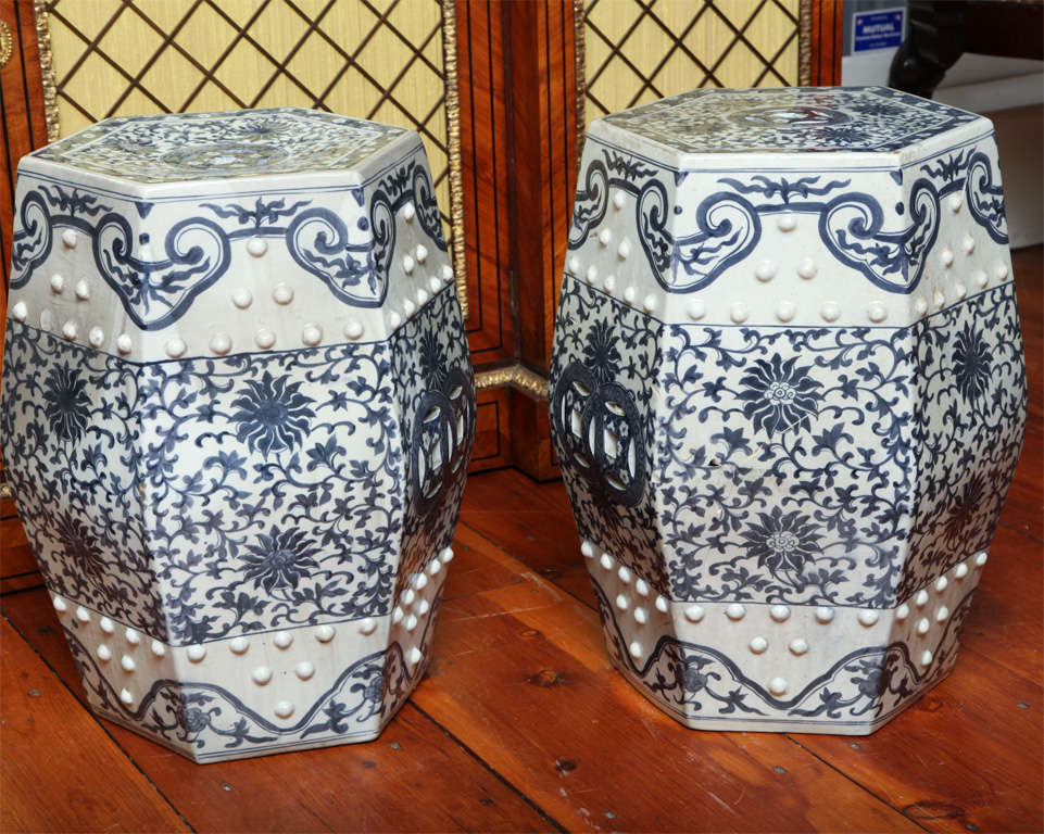 19th Century Antique pair of blue and white porcelain hexagonal garden seats c.1880