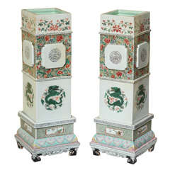 Pair of Tall Porcelain Famille Verte Vases on Stands, circa 1850