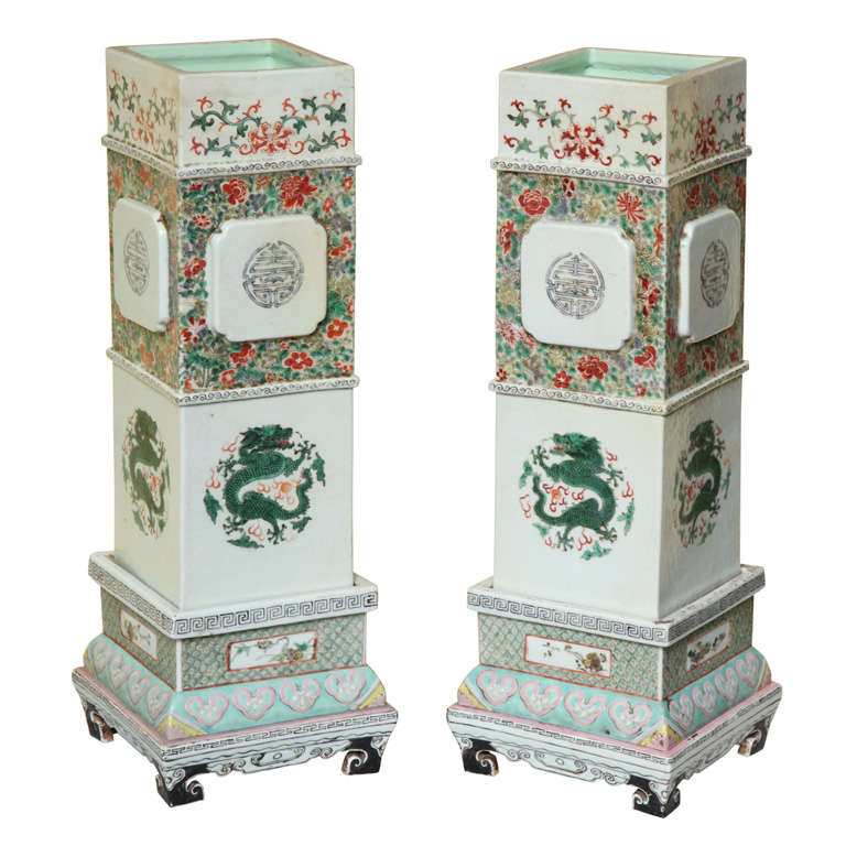Pair of Tall Porcelain Famille Verte Vases on Stands, circa 1850 For Sale