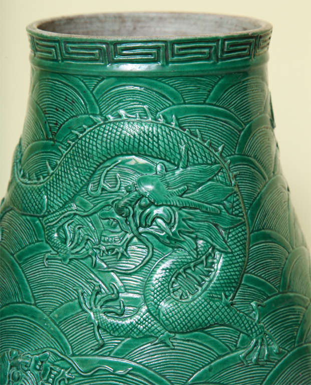 Antique Chinese Molded and Green Glazed Porcelain Vase