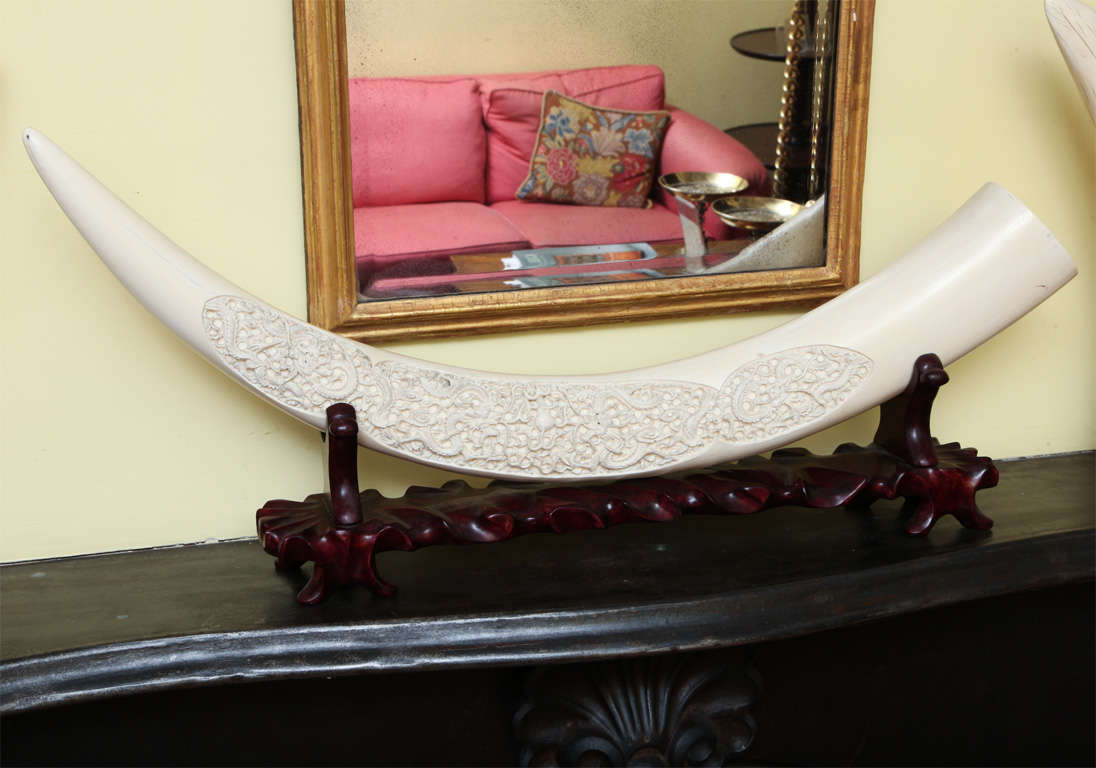 Antique Chinese carved elephant ivory garniture of three tusks at