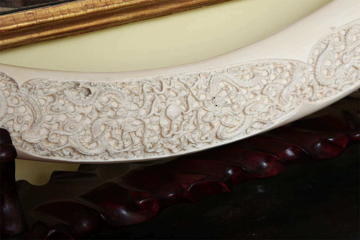 Antique Chinese carved elephant ivory garniture of three tusks at