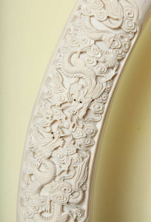 Antique Chinese carved elephant ivory garniture of three tusks at
