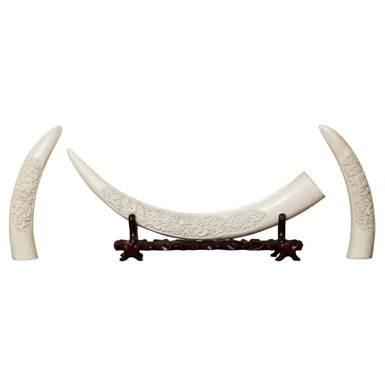 Antique Chinese carved elephant ivory garniture of three tusks at