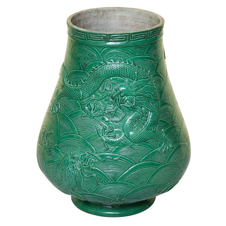 Antique Chinese Molded and Green Glazed Porcelain Vase For Sale at