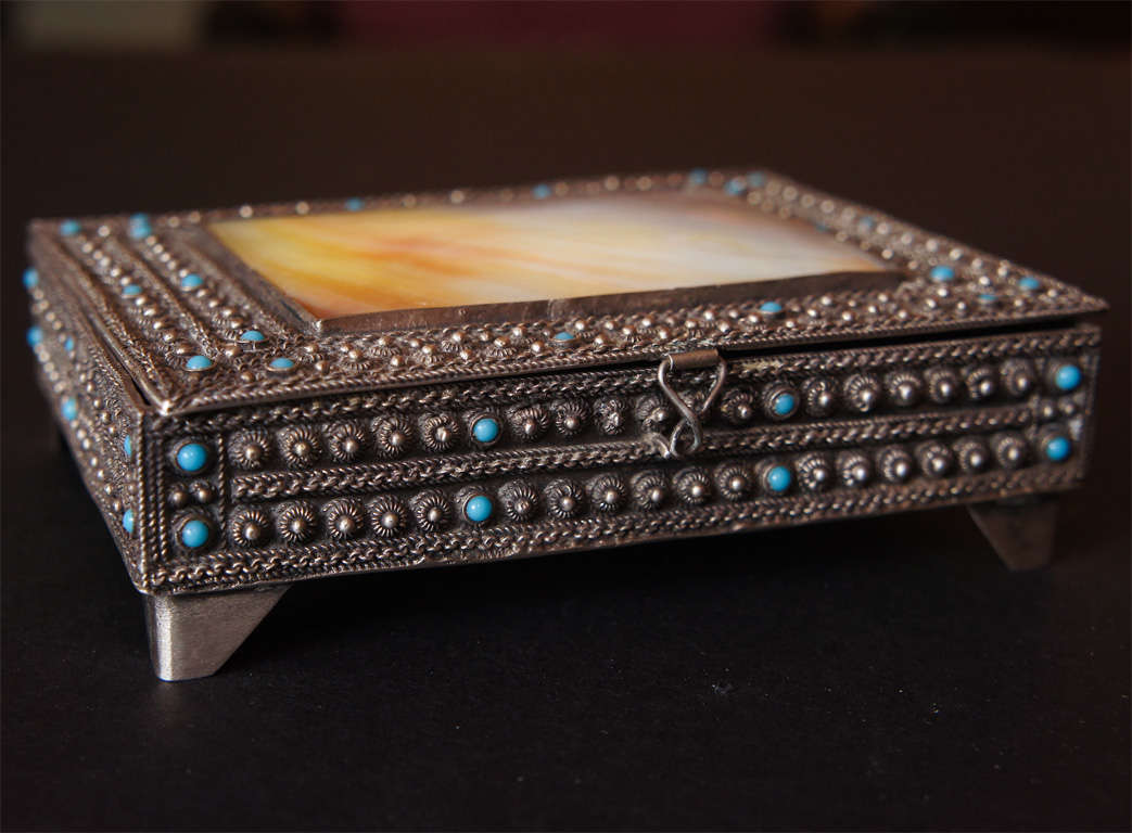 Small Silver And Mother-of-Pearl Box with turquoise