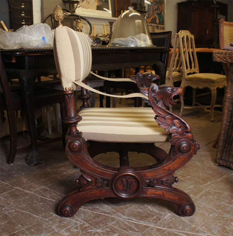 Italian, late 19th C. baroque style sling chair with roundels on side of curule, each monogrammed J.W.

Keywords:  throne chair, savronarola chair, neoclassical chair,