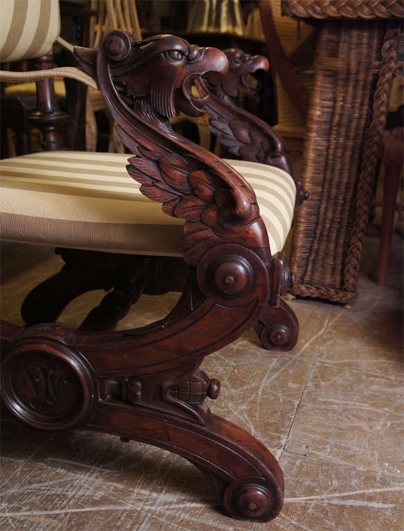 19th Century Baroque Style Carved Walnut Sling Throne Chair