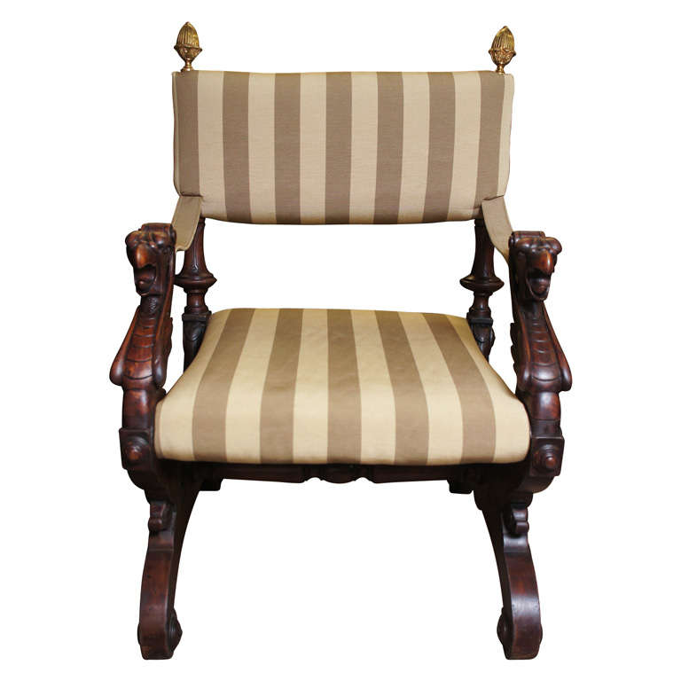 Baroque Style Carved Walnut Sling Throne Chair