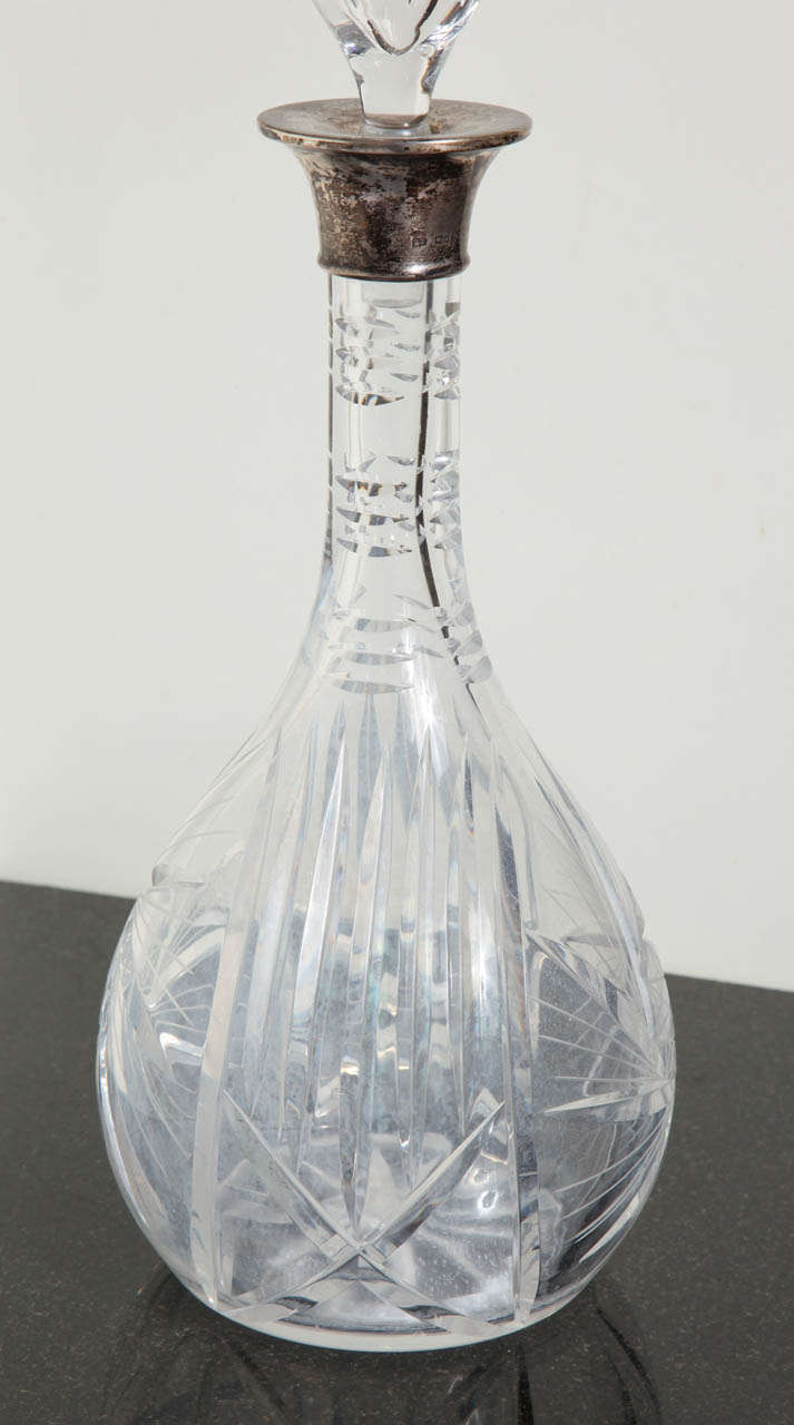 British English Antique Cut Crystal & Sterling Silver Wine Decanter C. 1930
