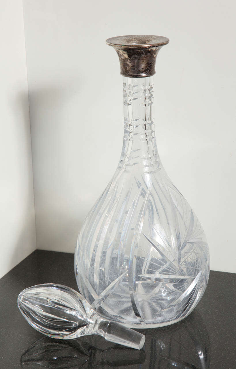 English Antique Cut Crystal & Sterling Silver Wine Decanter C. 1930 In Excellent Condition In New York, NY