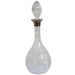 English Antique Cut Crystal & Sterling Silver Wine Decanter C. 1930