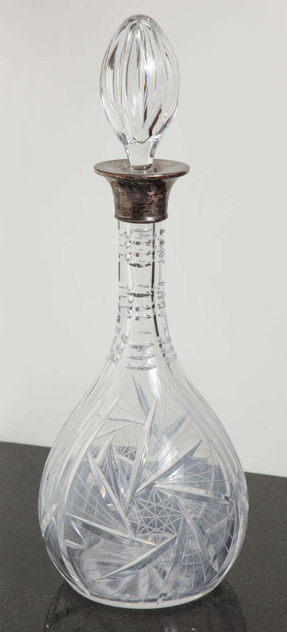 English Antique Cut Crystal and Sterling Silver Wine Decanter C. 1930