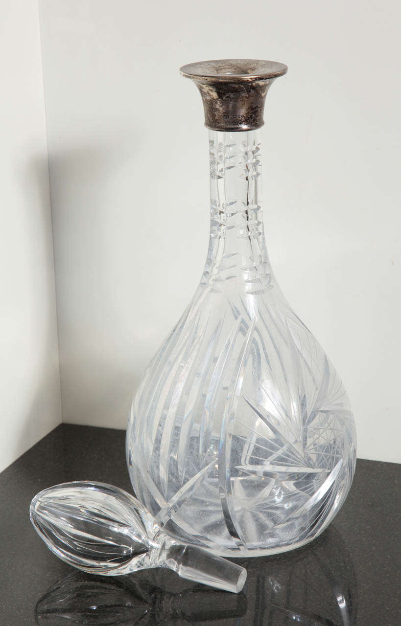 English Antique Cut Crystal and Sterling Silver Wine Decanter C. 1930