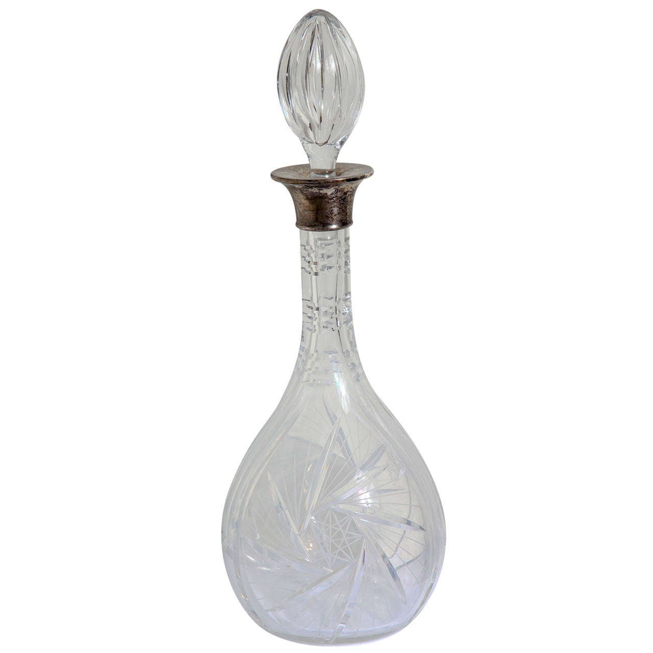 English Antique Cut Crystal and Sterling Silver Wine Decanter C. 1930