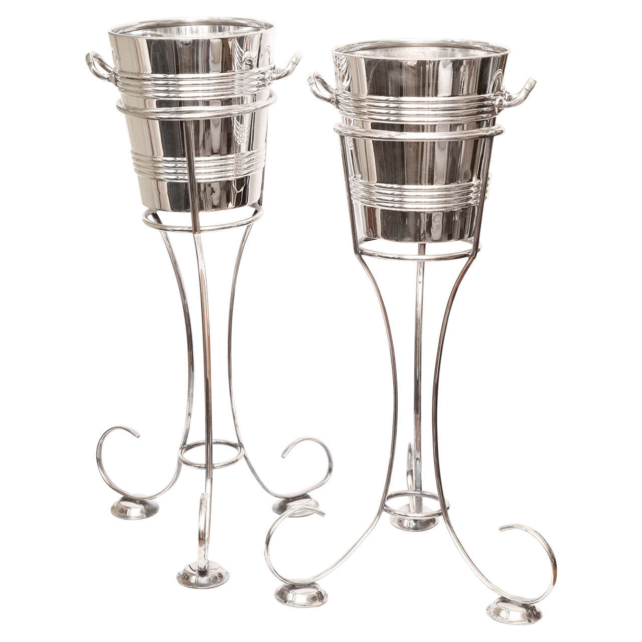 Art Deco Pair of Large Silver-Plated Standing Ice Buckets by Walker & Hall