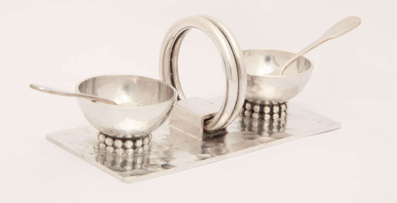 Silver Plate Set of Four Art Deco Salt Cellars & Spoons by Jean Despres