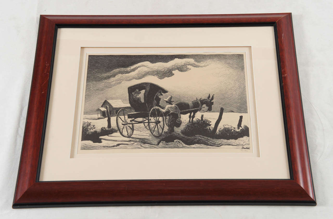 Iconic print by Thomas Hart Benton, entitled Gateside Conversation.. This wonderful example was not examined out of the frame, but appears to be in excellent condition with no apparent foxing or stains. This piece bears the original label versa. It