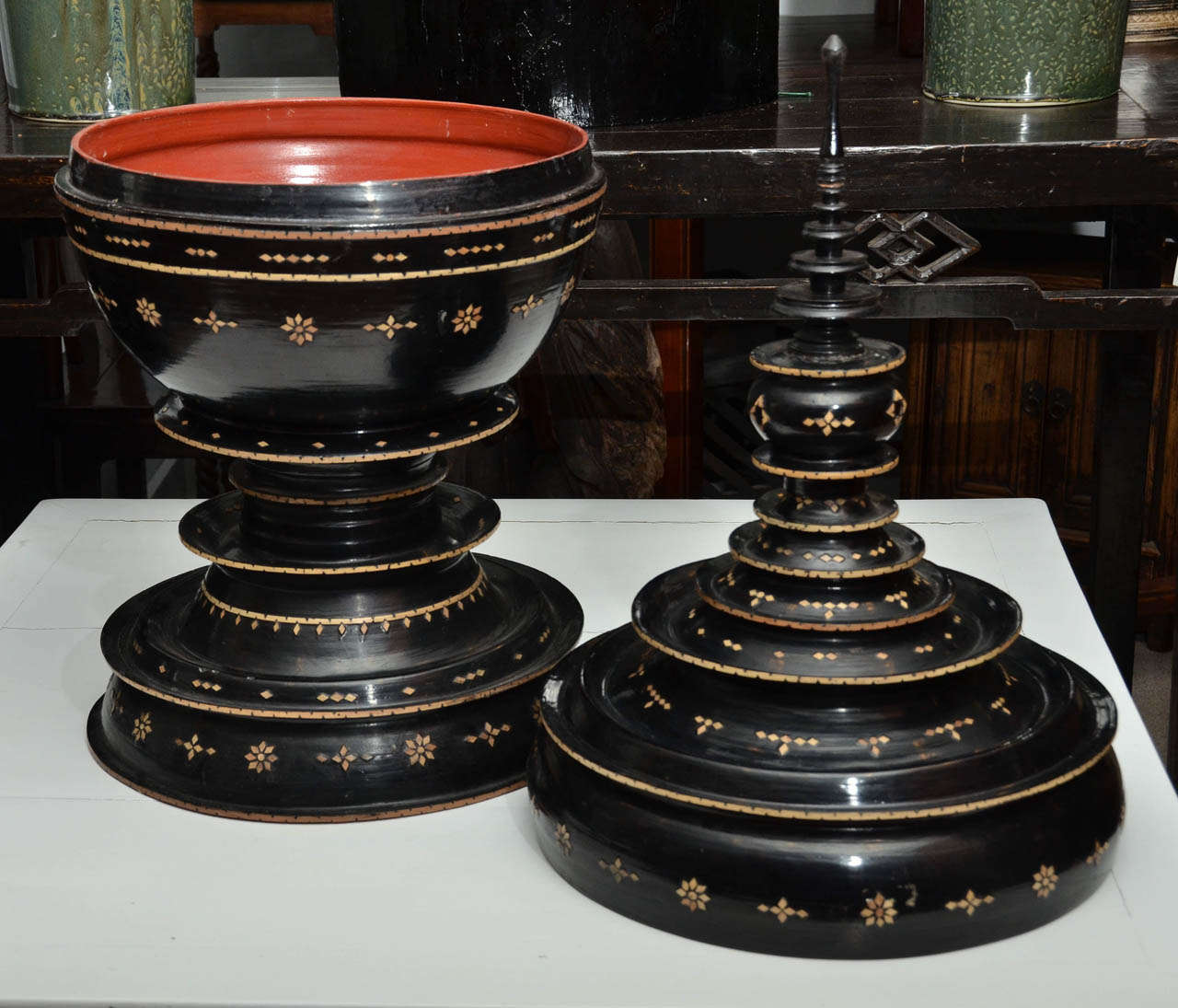 19th Century Late 19th century Black Lacquered Hsun Inlaid Lidded Offering, probably Burmese