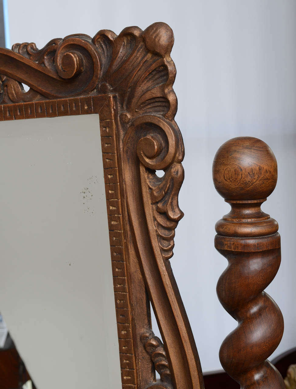 Walnut English Cheval, Dressing Mirror with Single Drawer, Hand-Carved, 19th Century For Sale