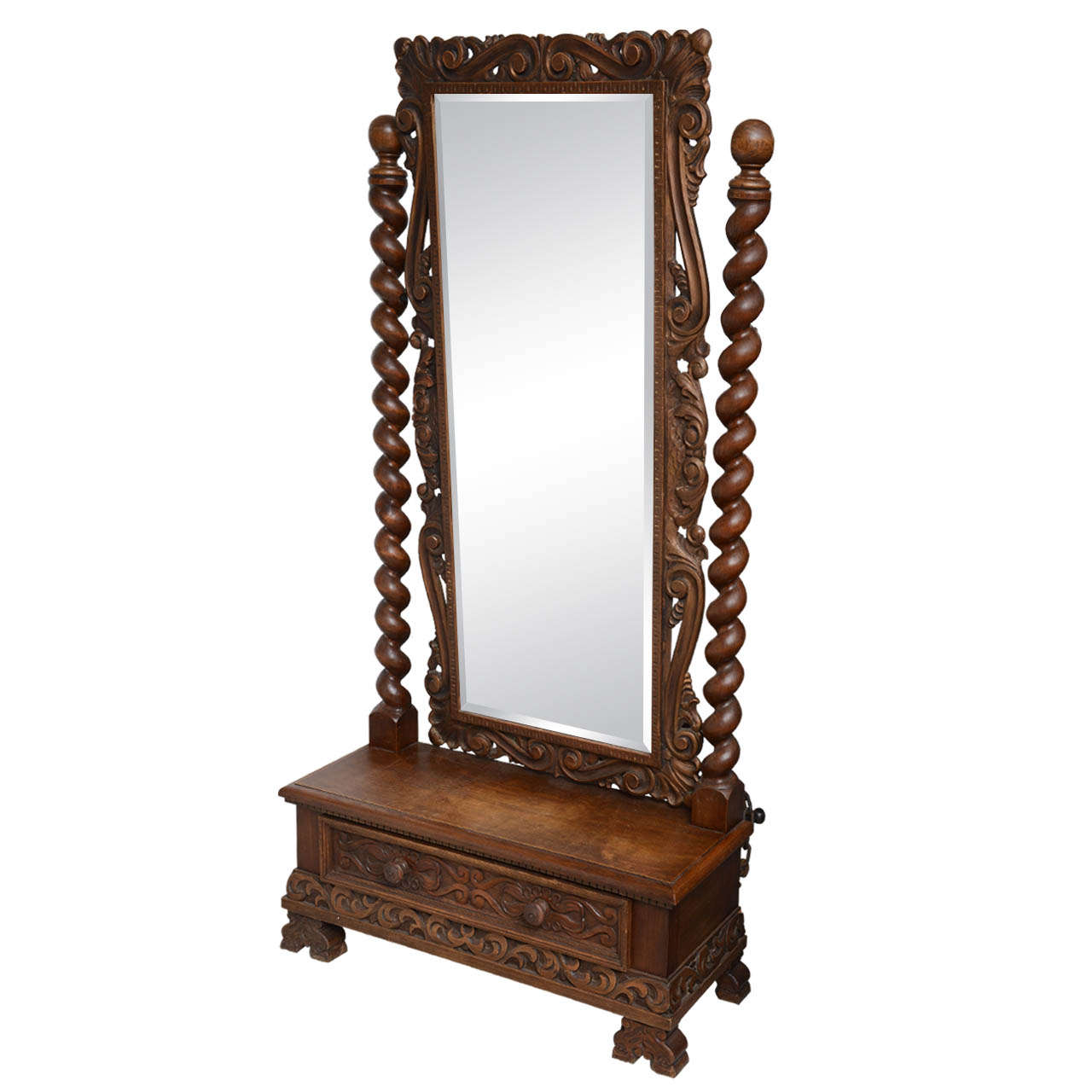 English Cheval, Dressing Mirror with Single Drawer, Hand-Carved, 19th Century For Sale