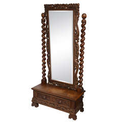 English Cheval, Dressing Mirror with Single Drawer, Hand-Carved, 19th Century