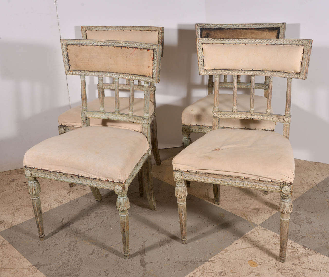 Set of 4 Swedish Gustavian dining chairs scraped to the original paint