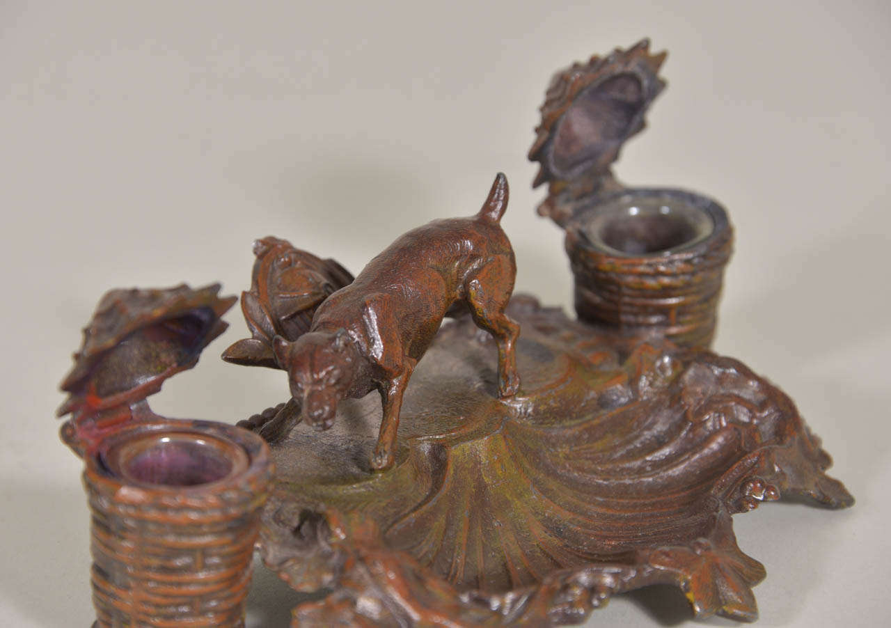 19th Century Dog and Lizards Metal Inkwell For Sale