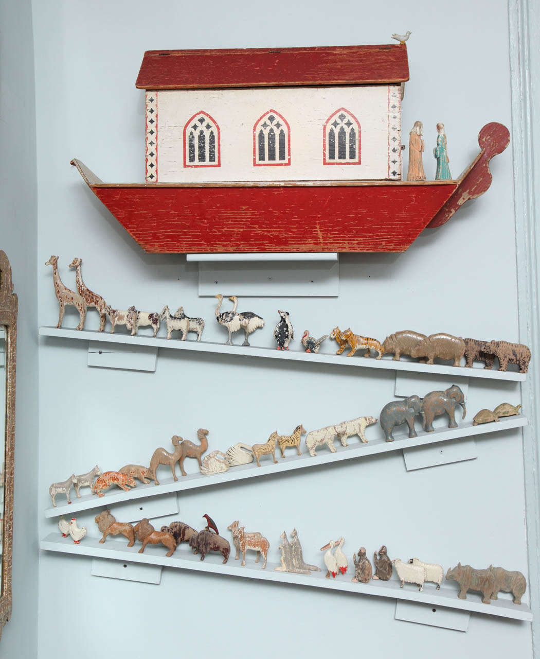Unusual late 19th or early 20th Century oversize Noah's Ark, the hinged lid over gothic tracery windows, the ark of typical form, complete with Noah, his wife and over 40 animals (in pairs, of course) including many uncommon examples including