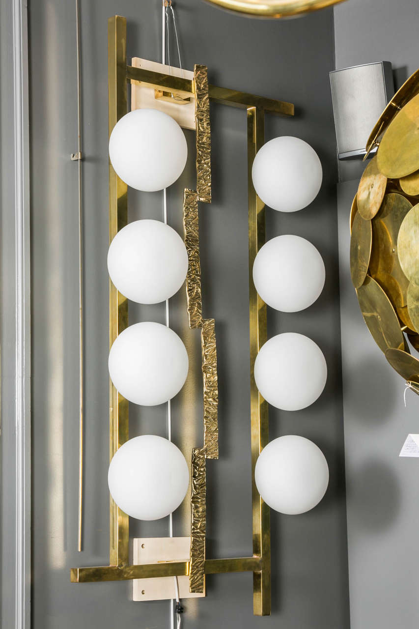 Modern Vintage Brass Sconces with Eight Opaque Glass Globes
