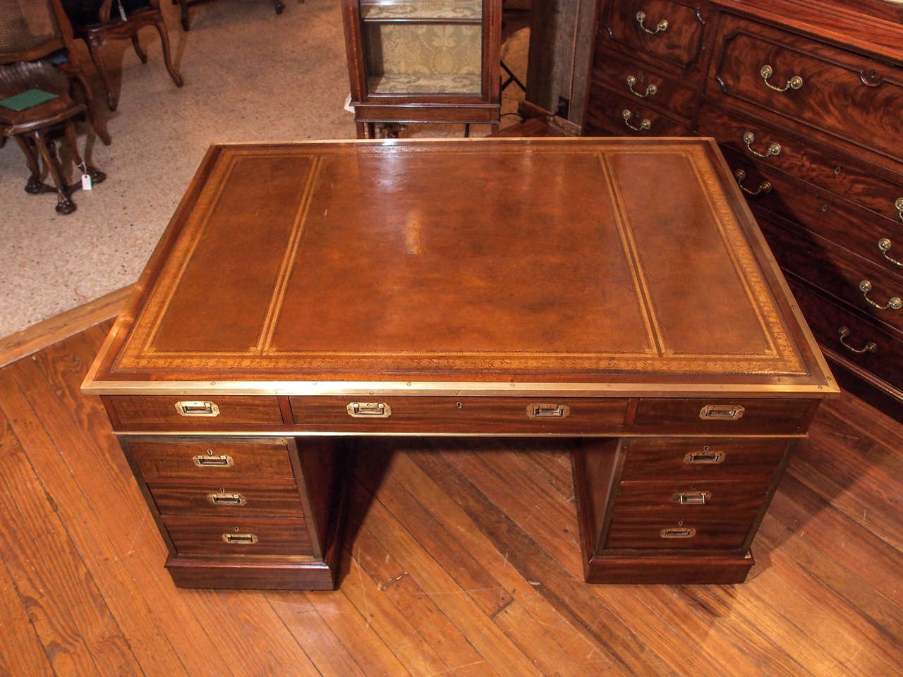 Antique English Mahogany Campaign Desk with Brass Mounts, circa 1880 In Excellent Condition In New Orleans, LA