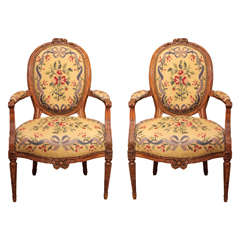 Pair of Antique Louis XVI Fruitwood Tapestry Armchairs, circa 1790-1800