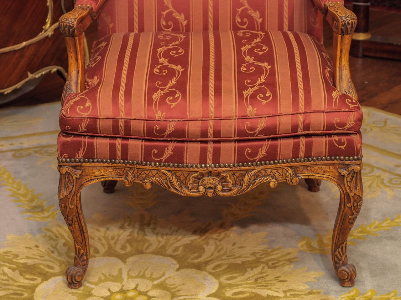 19th Century Pair Antique French Carved Fruitwood Armchairs