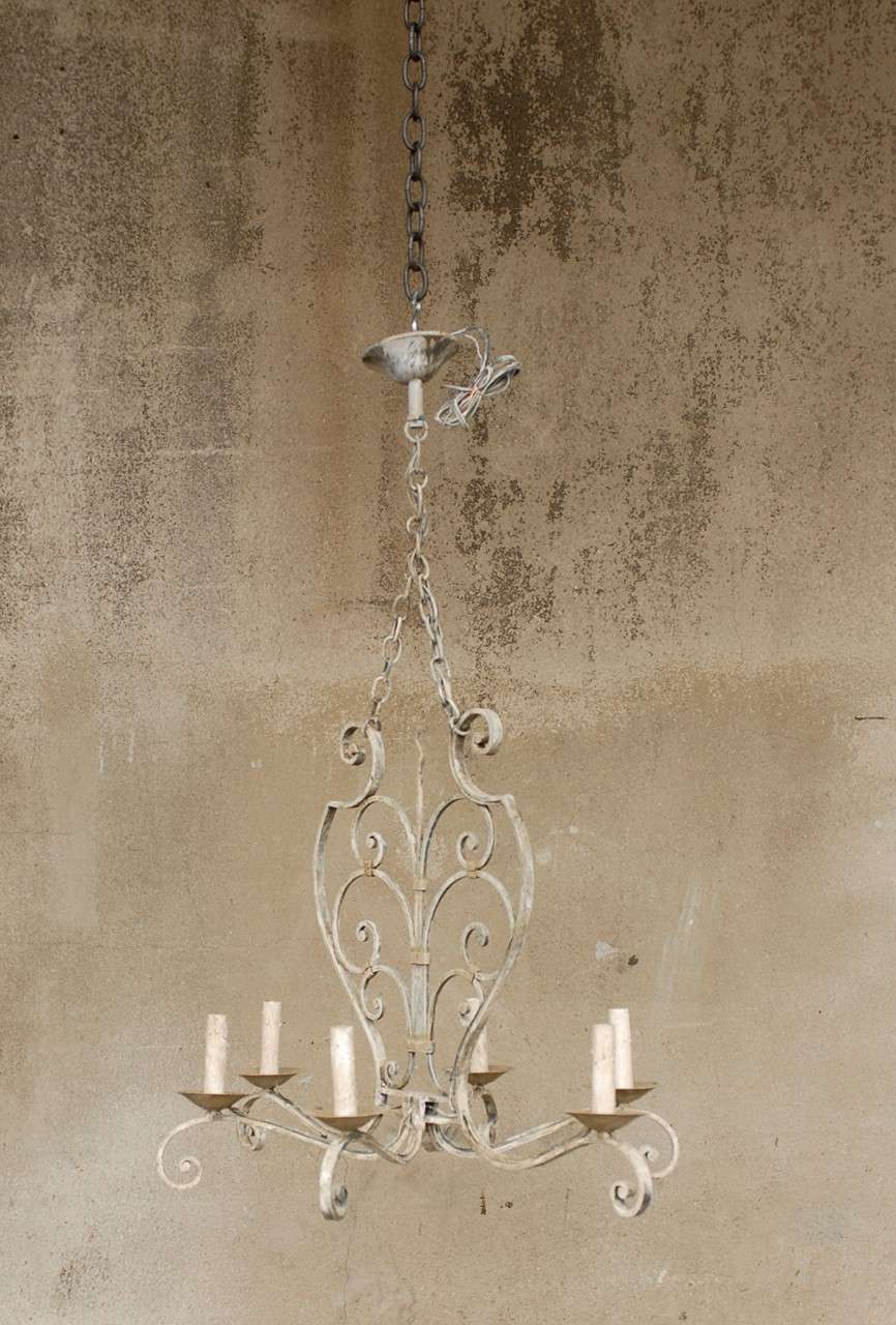 French Six-Light Grey Blue Painted Iron Chandelier with Scroll Motifs 5
