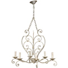 French Six-Light Grey Blue Painted Iron Chandelier with Scroll Motifs