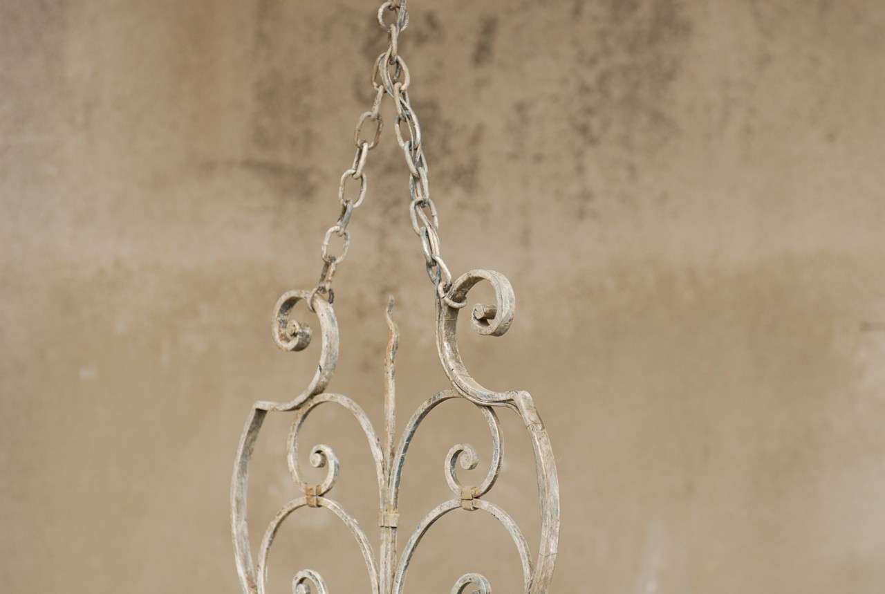 Mid-Century Modern French Six-Light Grey Blue Painted Iron Chandelier with Scroll Motifs