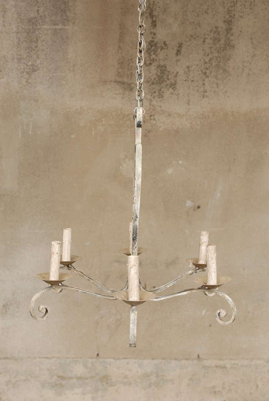 French Six-Light Grey Blue Painted Iron Chandelier with Scroll Motifs 2