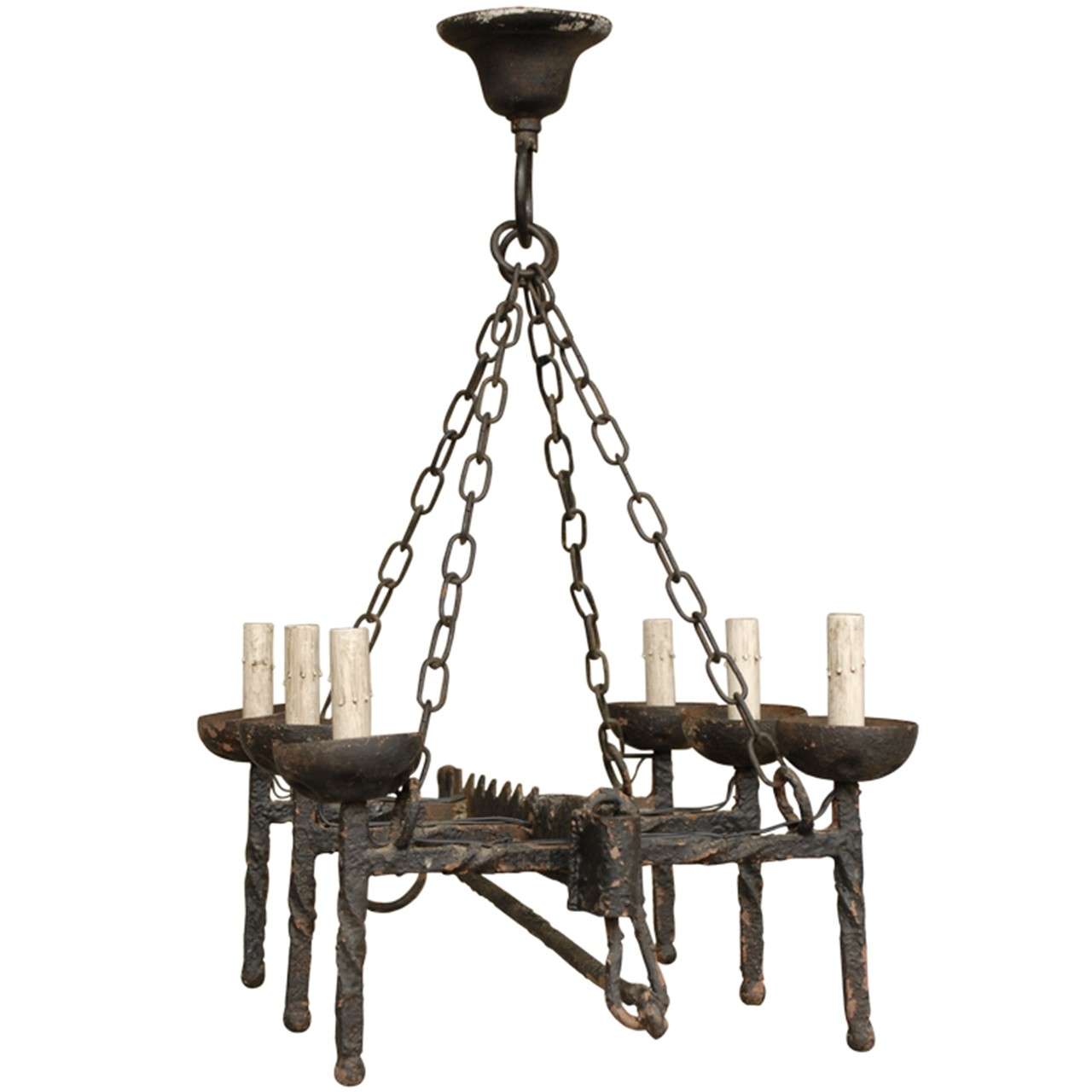 French Wrought Iron Six-Light Chandelier For Sale