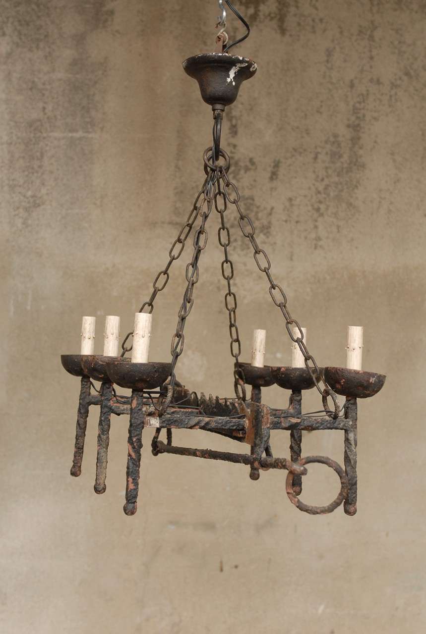 French Wrought Iron Six-Light Chandelier For Sale 3